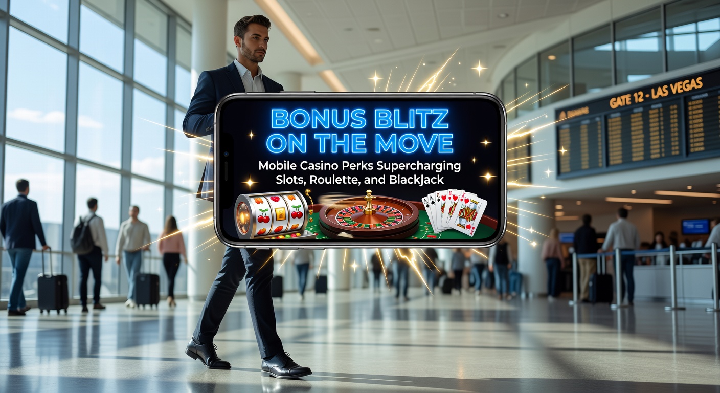 Dynamic split-screen view of mobile roulette wheel spinning, blackjack hand in play, and slot reels exploding with bonus wins