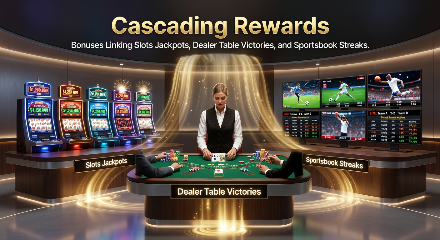Dynamic graphic depicting a chain reaction of bonuses flowing from slot reels to dealer cards and sports betting tickets