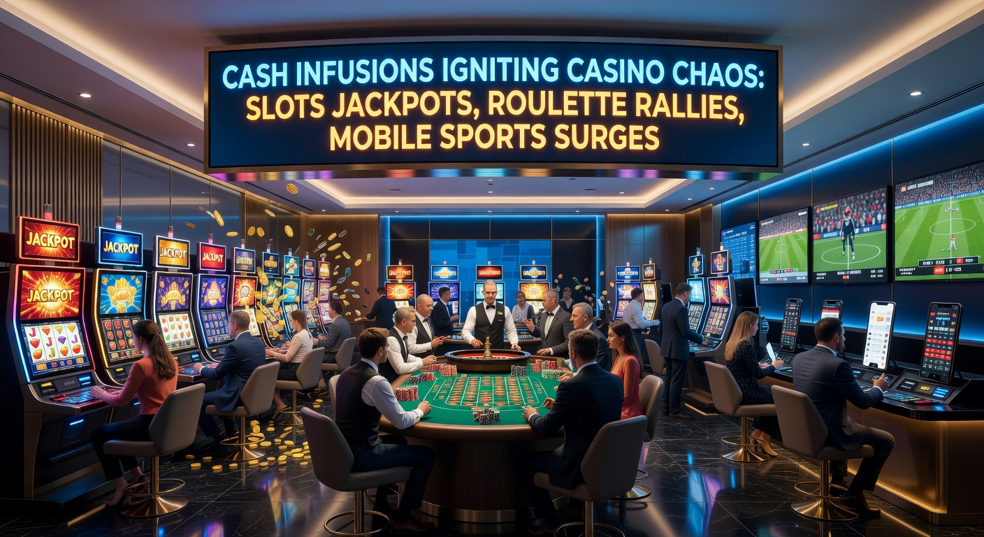 Dynamic roulette table with chips stacking high during a winning rally, surrounded by excited players on mobile devices placing sports bets