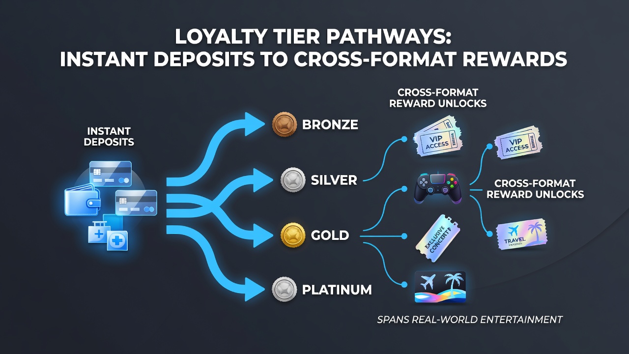 Mobile interface screenshot showing loyalty tier dashboard with reward unlocks for slots, live dealer games, and sports wagers