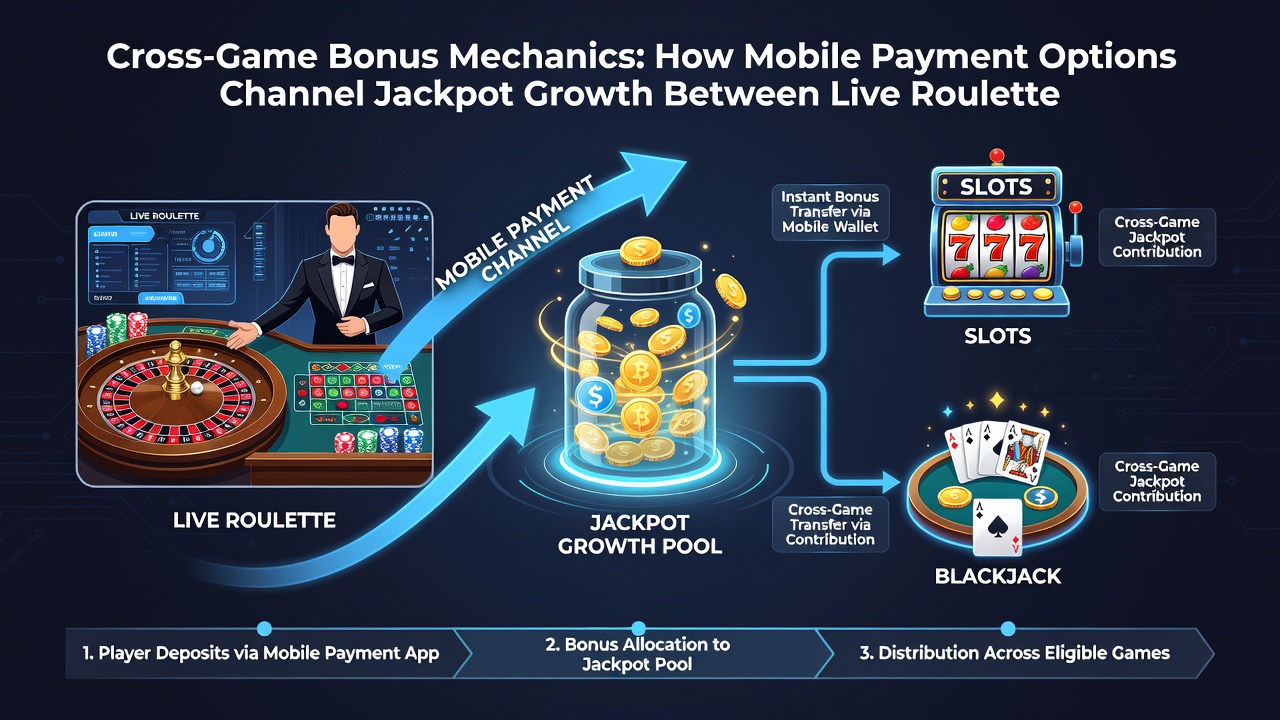 Illustration of jackpot growth linked between roulette wheel and sports betting odds board