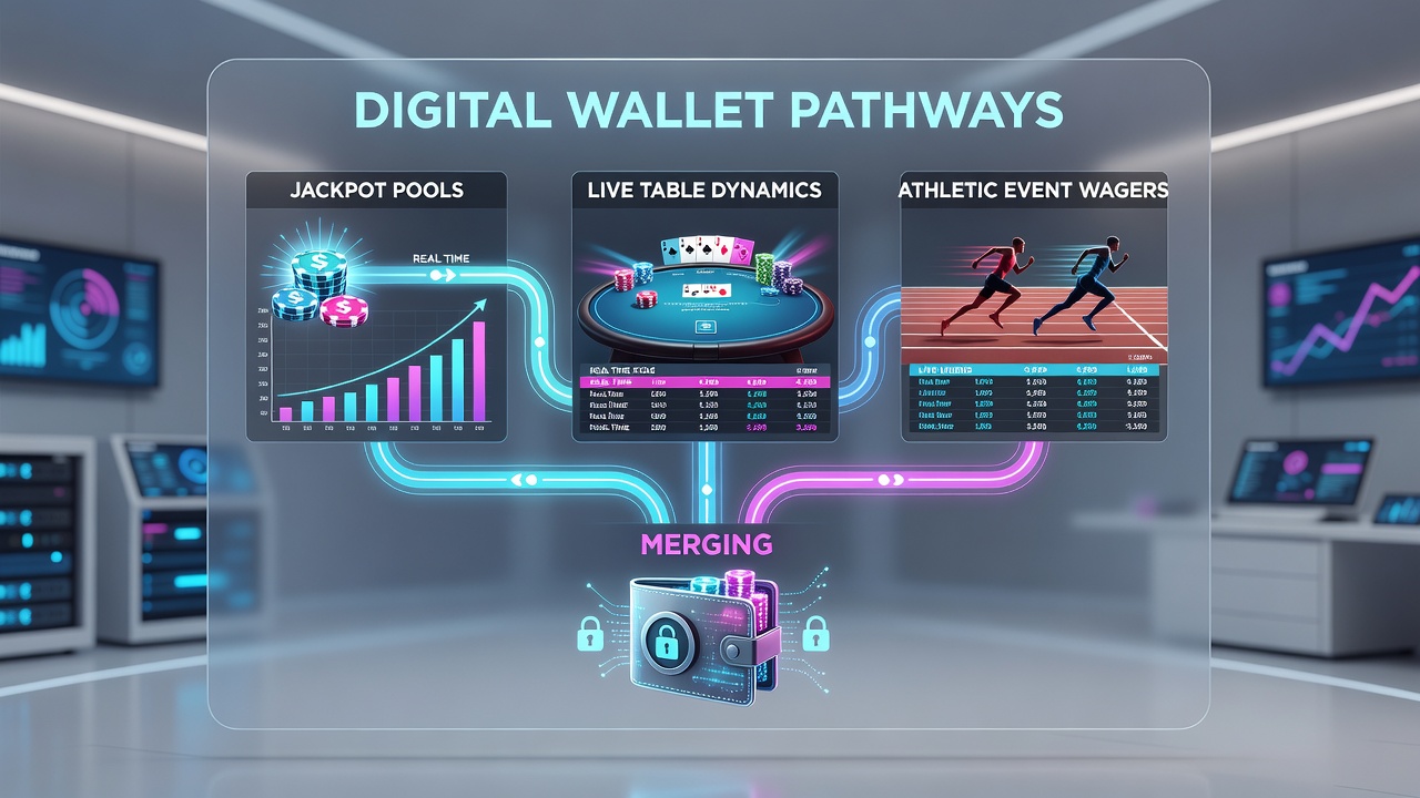 Mobile screen showing merged digital wallet view with live roulette, sports odds, and accumulating jackpot meter