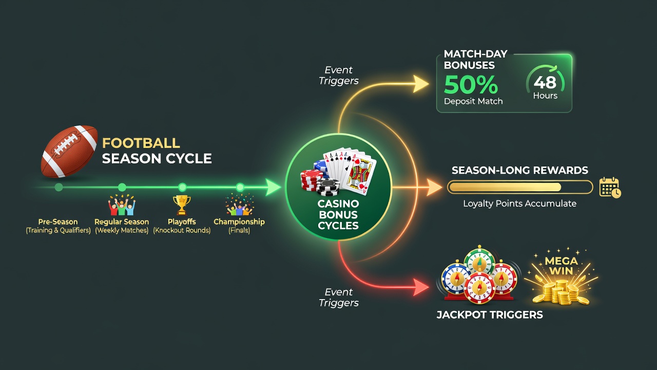 Infographic showing jackpot meter rising during high-stakes football matches linked to casino promotions