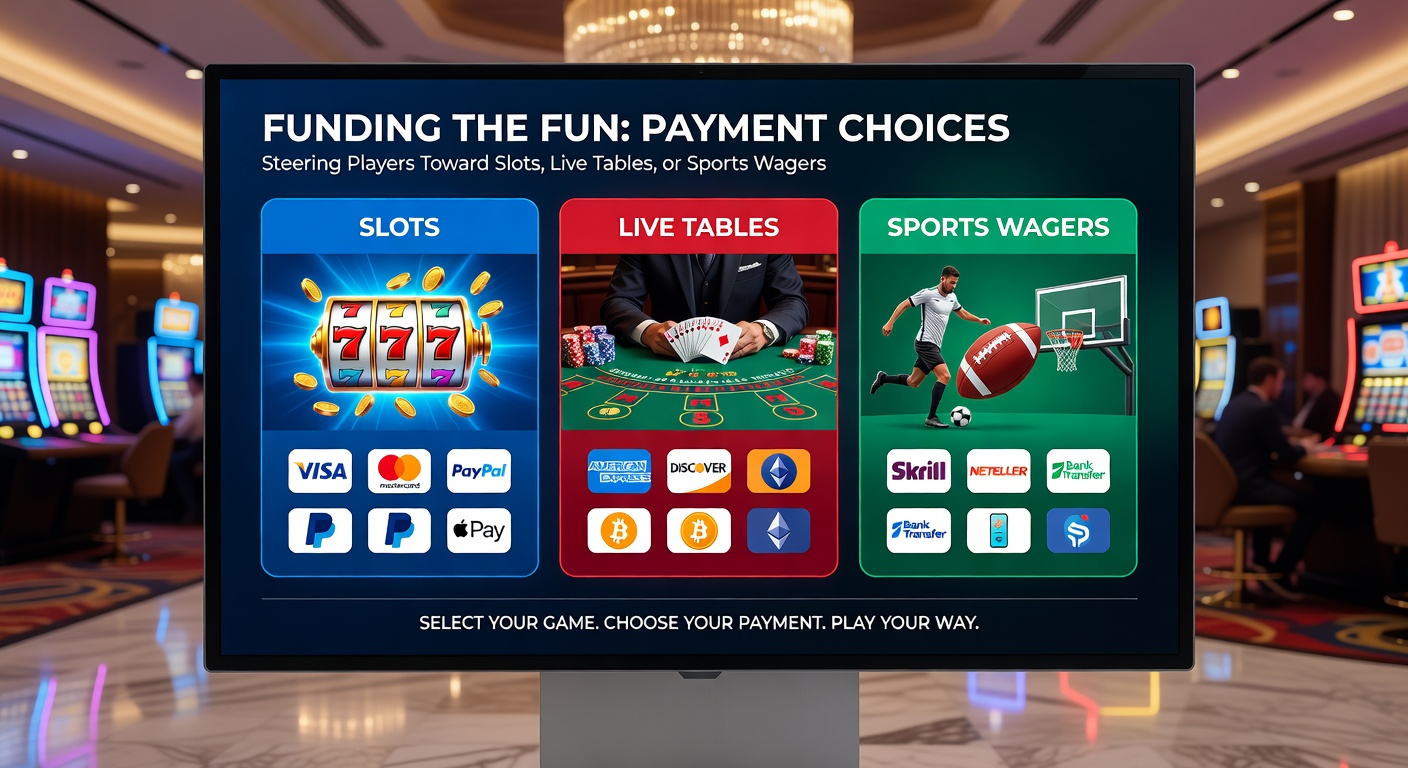 Digital payment icons including credit cards, e-wallets, crypto wallets, and mobile pay apps surrounding icons of slot reels, live dealer roulette wheel, and sports betting scoreboard