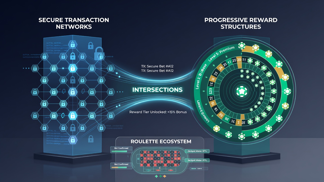 Digital interface showing interconnected progressive rewards across roulette blackjack and multi-sport betting with secure transaction indicators
