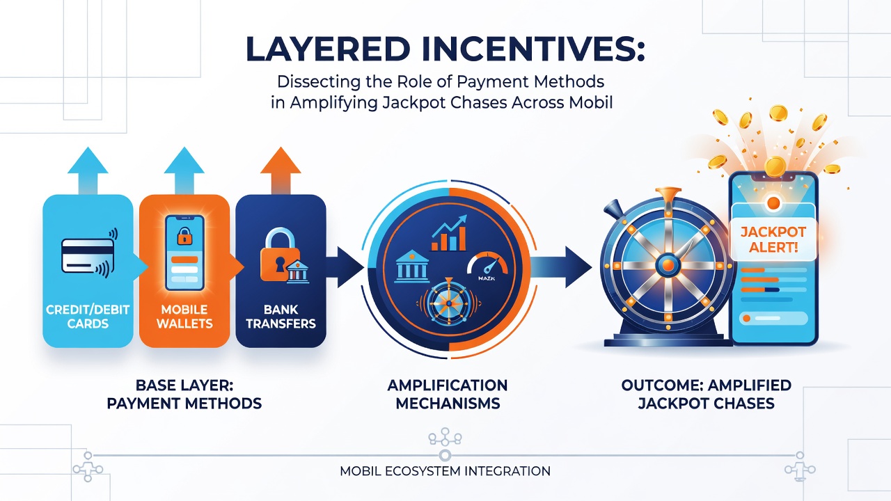 Diagram depicting the flow of layered bonuses from payment selection through mobile slots, live blackjack, and into sports wagering jackpot pools
