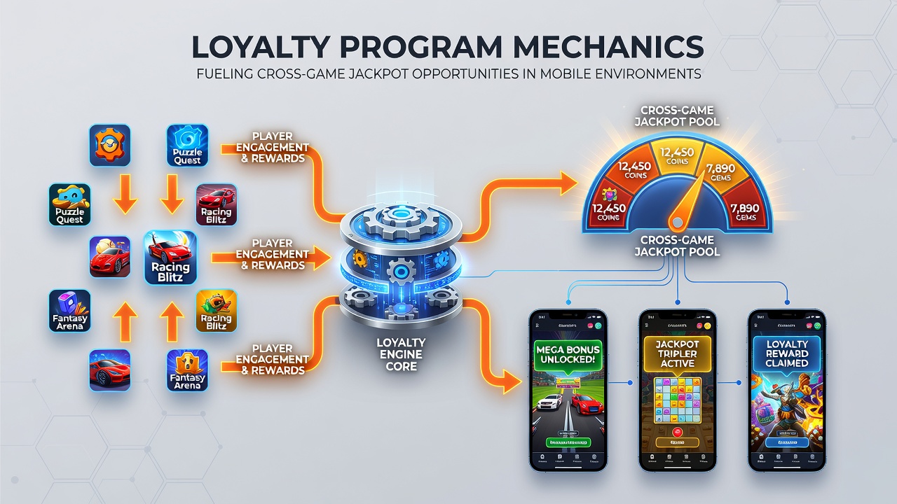 Cross-game jackpot meter visible on mobile screen with loyalty points from multiple categories