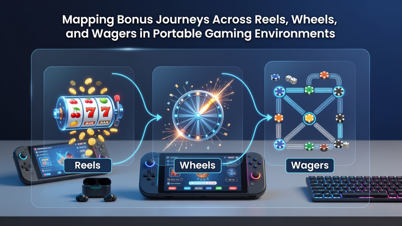 Portable screen showing bonus ledger connecting slot reels, roulette outcomes, and live sports wagers with progress indicators
