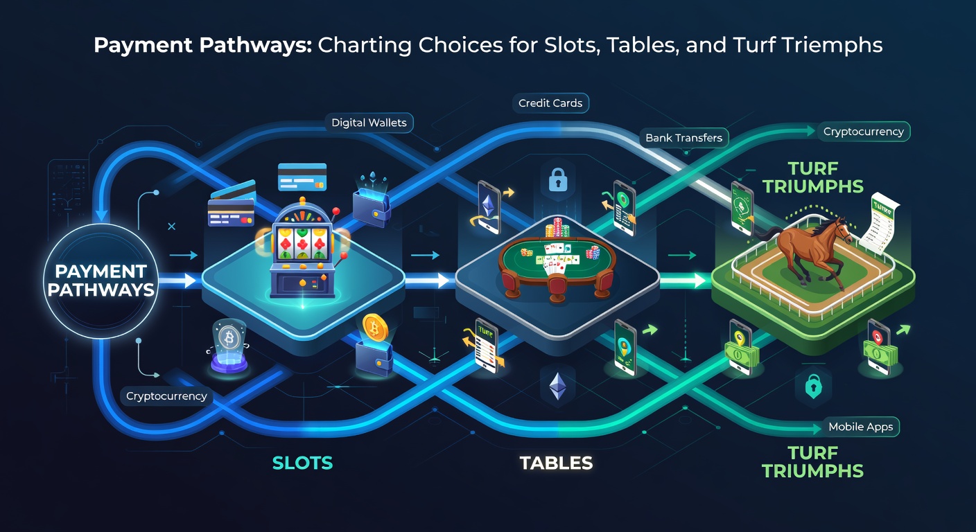 Illustration of diverse payment apps connecting to slot reels, blackjack chips, and galloping racehorses, highlighting speed and choice in gaming finance