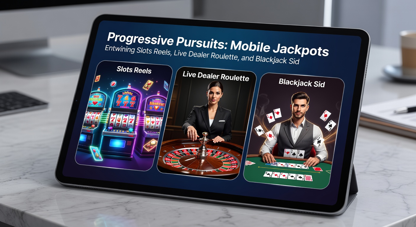 Live dealer at roulette table with progressive jackpot meter overlay, mobile phone in foreground showing slots and blackjack interfaces linked to the same pot