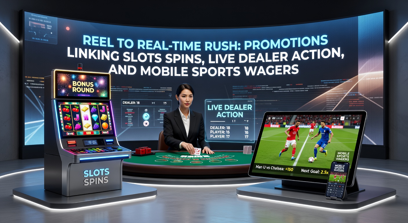 Mobile screen showing interconnected promotions: slot reels spinning alongside live dealer roulette wheel and sports betting odds for an NBA game
