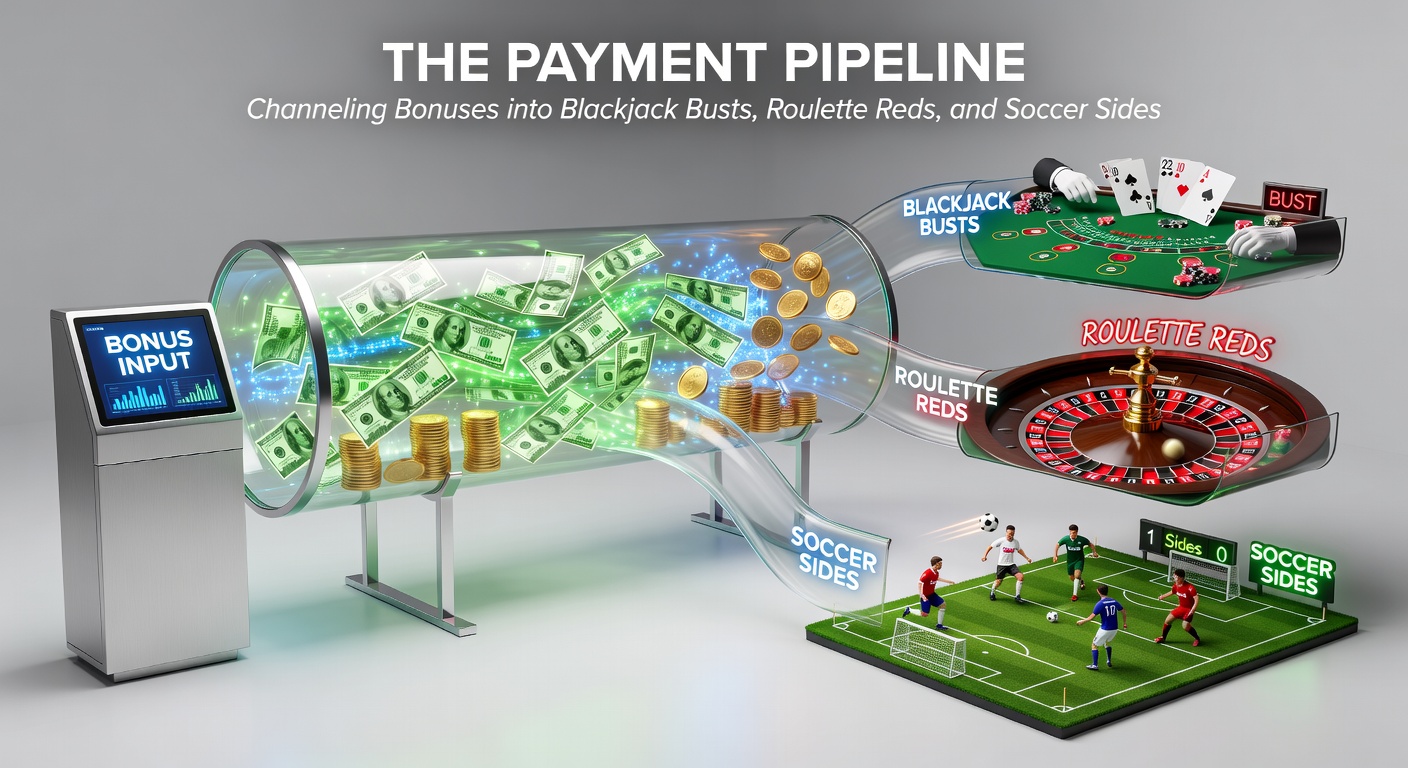 Close-up of a payment app interface channeling funds into blackjack tables, roulette wheels, and soccer betting odds, with bonus meters filling rapidly